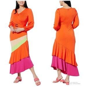 Megan Renee Orange Asymmetrical Tiered Midi Dress Size Small Lime Green NWOT